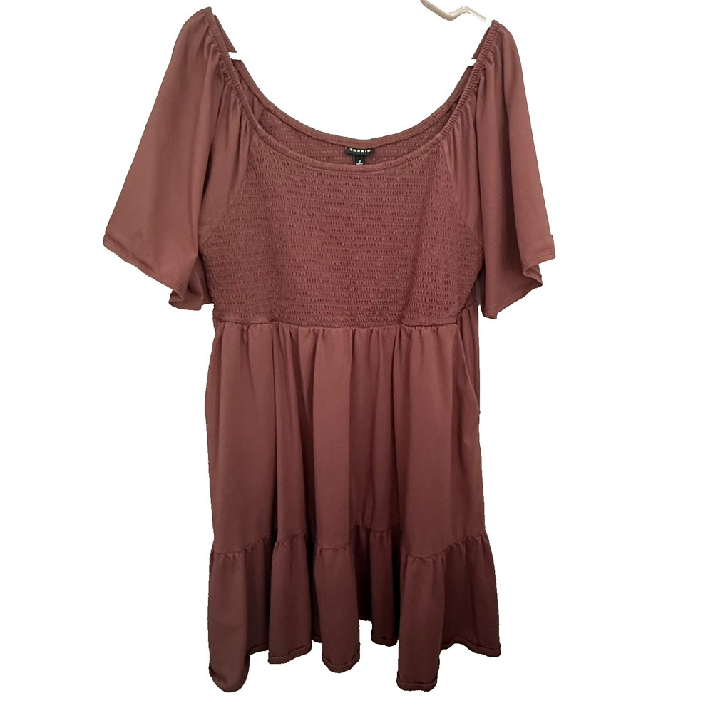 Torrid Brown Smocked Mini Dress Plus Size 2X Tiered Flutter Slv Cottagecore Boho - Picture 2 of 10
